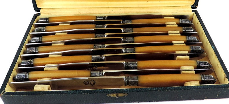 Antique French Knives Set of 12 with Stainless steel blades and Bakelite Handles image 2