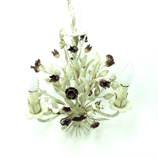 French Vintage Floral Toleware Chandelier, Shabby Chic 3 Arms Ceiling Light