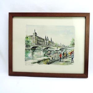 Franse vintage 18 x 14 inch ingelijste lithografie van Parijse boekverkopers, aquarel van G. Lelong, Parijs stadsgezicht straattaferelen schilderij.