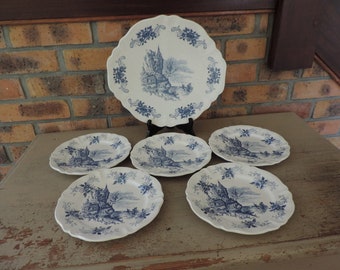 French Vintage Sarreguemines Ironstone Blue Transferware Cake Platter with 5 Matching Dessert Plates