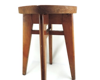French Vintage 1950s Solid Wood Square Stool, 18" tall Rustic Stool