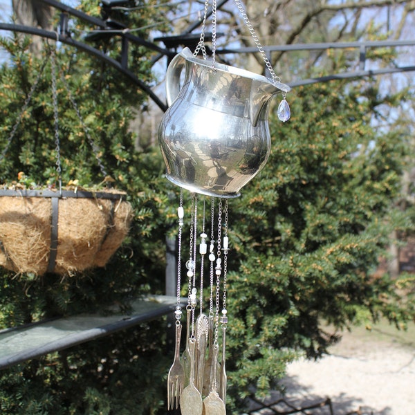 Silverware Teapot Windchime White Clear and Silver Beads