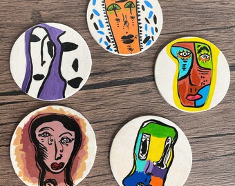 Faces of me Coaster Set / coaster set / abstract face decor / art coasters / home decor / hand painted artwork/ painted coasters