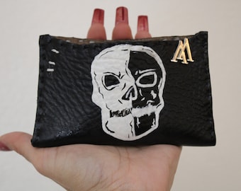 Black skull wallet / Leather wallet / Handmade Leather/ Skull painting / HANDSEWN / one of a kind / wallet