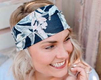 Boho headband, Blue floral Headband, navy headband, floral headwrap, jersey headband, women's headband, no headache headband,