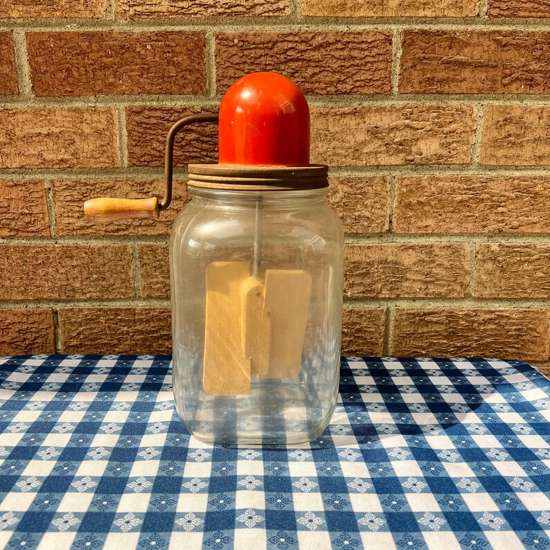 Antique Dazey Dandy Butter Churn Red Top Glass Jar Primitive Etsy
