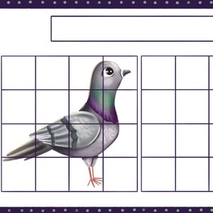 May include: A black and white grid with a gray and purple pigeon in the left side of the grid. The pigeon is facing right and has a light blue eye. The pigeon is standing on a white surface.