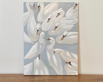 Pintura original de un cisne / Lienzo estirado de 45 x 60 cm / Escena de aguas tranquilas, tonos marfil