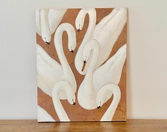 Cuadro original de cisne / Lienzo estirado de 16x20 pulgadas / Decoración del hogar en tonos tierra neutros