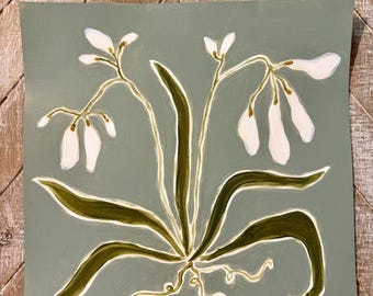 May include: A square painting on a sage green background featuring white snowdrop flowers with long, dark olive green leaves and visible white roots at the base. The artwork includes a signature in the bottom right corner in white script.
