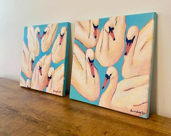 Conjunto de cuadros de cisnes / Arte original en azul turquesa, lienzo de 10x10 pulgadas.
