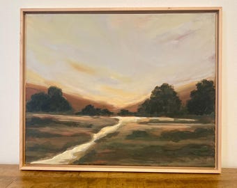 Cuadro original de paisaje / Obra de arte enmarcada de Auburn Creek / Marco de nogal, decoración neutra