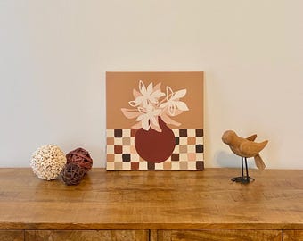 Cuadro original de lirios calico / Arte floral neutro, mesa de tablero de ajedrez
