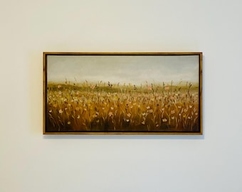 Cuadro original enmarcado de una pradera / Paisaje impresionista de 12x24 pulgadas.