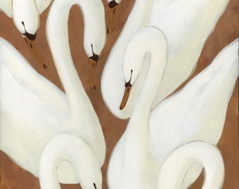 May include: A painting featuring multiple white swans with long, curved necks and orange-brown beaks arranged against a solid, warm brown background. The swans are depicted from a top-down perspective, with their bodies overlapping in a composition.
