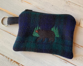 Embroidered Bear Zippered Medium Pouch with Split Ring - Repurposed Wool Fabric | Too Many Mittens