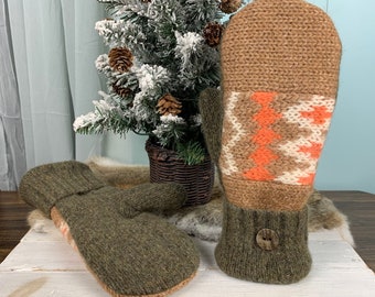 Men’s Large / Women’s Extra Large Wool Sweater Mittens #507 Fleece Lined, Upcycled, Repurposed, Fits Hands 7.5” - 8” Long