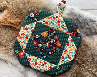 Cotton Patchwork Potholder with Hanging Loop - Floral & Green Polka-Dots | Too Many Mittens