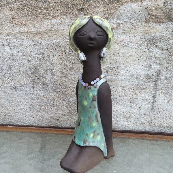 Ceramic statue sculpture figurine / sitting girl green dress / Swedish pottery art /Design Karl Erik Iwar / Sweden / Scandinavia / 1950s