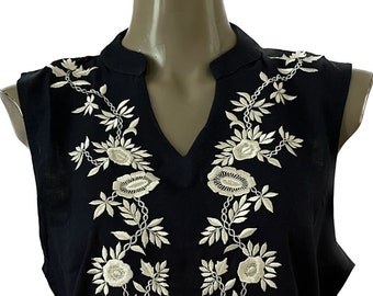 Black embroidered Cotton Linen Summer Tunic Top