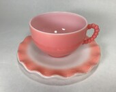 Hazel Atlas Pink Crinoline Teacup and Saucer, Pink Wavy Saucer and Tea Cup