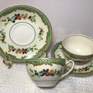 Pair J & G Meakin Sol Tea Cups, Vintage Floral Green Border