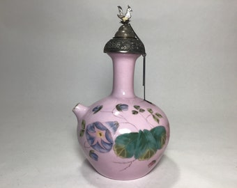 Victorian Ceramic Painted Decanter with Silver Bird Top