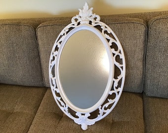 Oval White Mirror, 1962 Open Scroll Hollywood Regency Wall Mirror