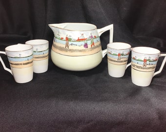 Dutch Pitcher and Mug Set, Vintage 30s Ceramic Lemonade with Hand Painted Scene