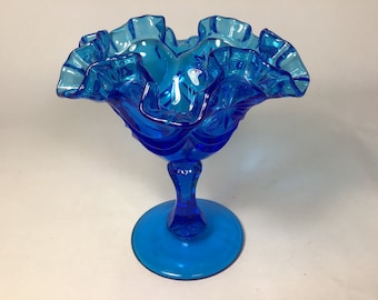 Fenton Red Cliff Blue Knobby Bulls Eye Ruffled Compote