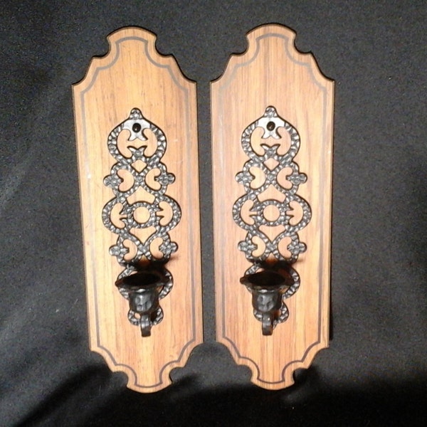70s Mediterranean Candle Sconces, Pair of Dark Wood and Faux Hammered Iron Candle Sconces