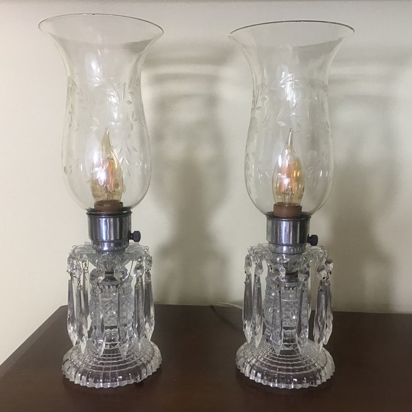 Pair Glass Lamps with Crystals, Fireplace Candle Lamps