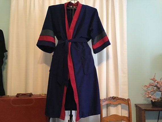 80s Man’s Bathrobe, Navy Stripe Sleeve Polyester B
