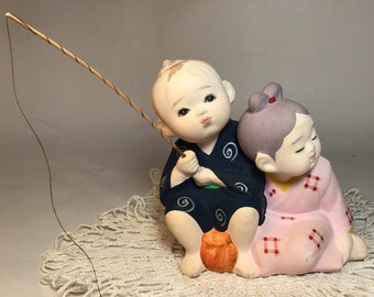 Genuine Hakata Doll, Bisque Japan Boy and Girl Fishing