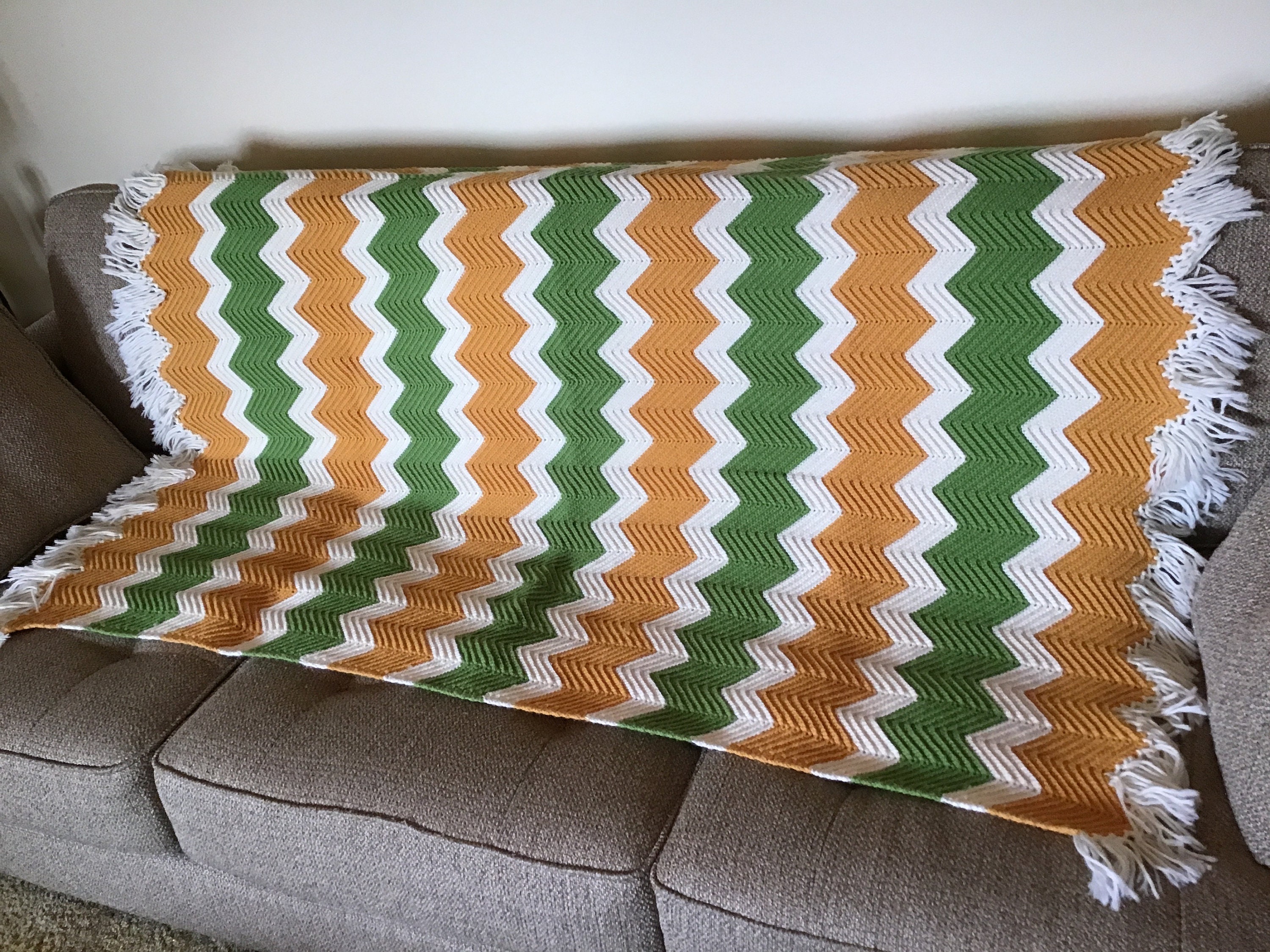 Vtg Handmade Crochet Chevron Stripe Throw Blanket Orange Yellow Brown 26” X  57”