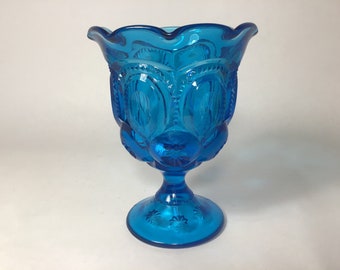 L E Smith Moon Stars Blue Goblet Vase / Small Compote / Candy Dish