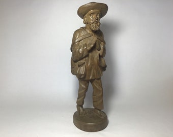 16” Carved Wooden Man Sculpture, Barefoot Traveler Pheasant