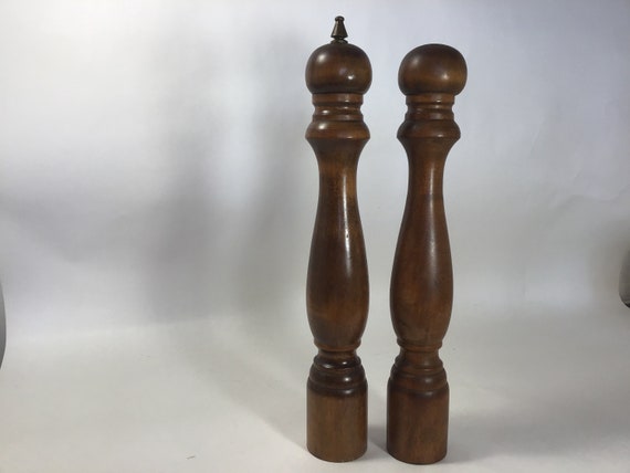 14 3/4 Tall Wooden Salt and Pepper Grinder Set, 70s 