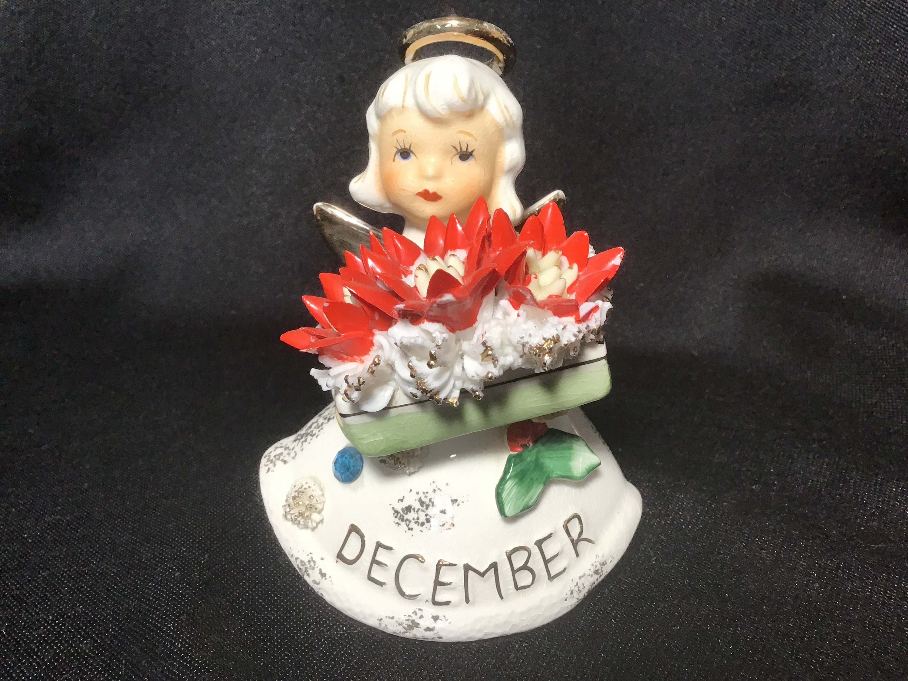 Lefton December Christmas Angel, Poinsettia Blue Zircon 489