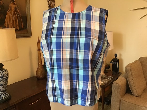 PLAID KNOT Front BLOUSE Vintage 80 /'Wild Flowers/' Woman Crop Top Red Blue Checked Button Up Shirt sz L