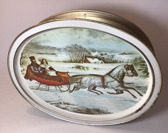 Sunshine Biscuit Tin, Oval, Currier and Ives The Road Winter and The Morning Ride