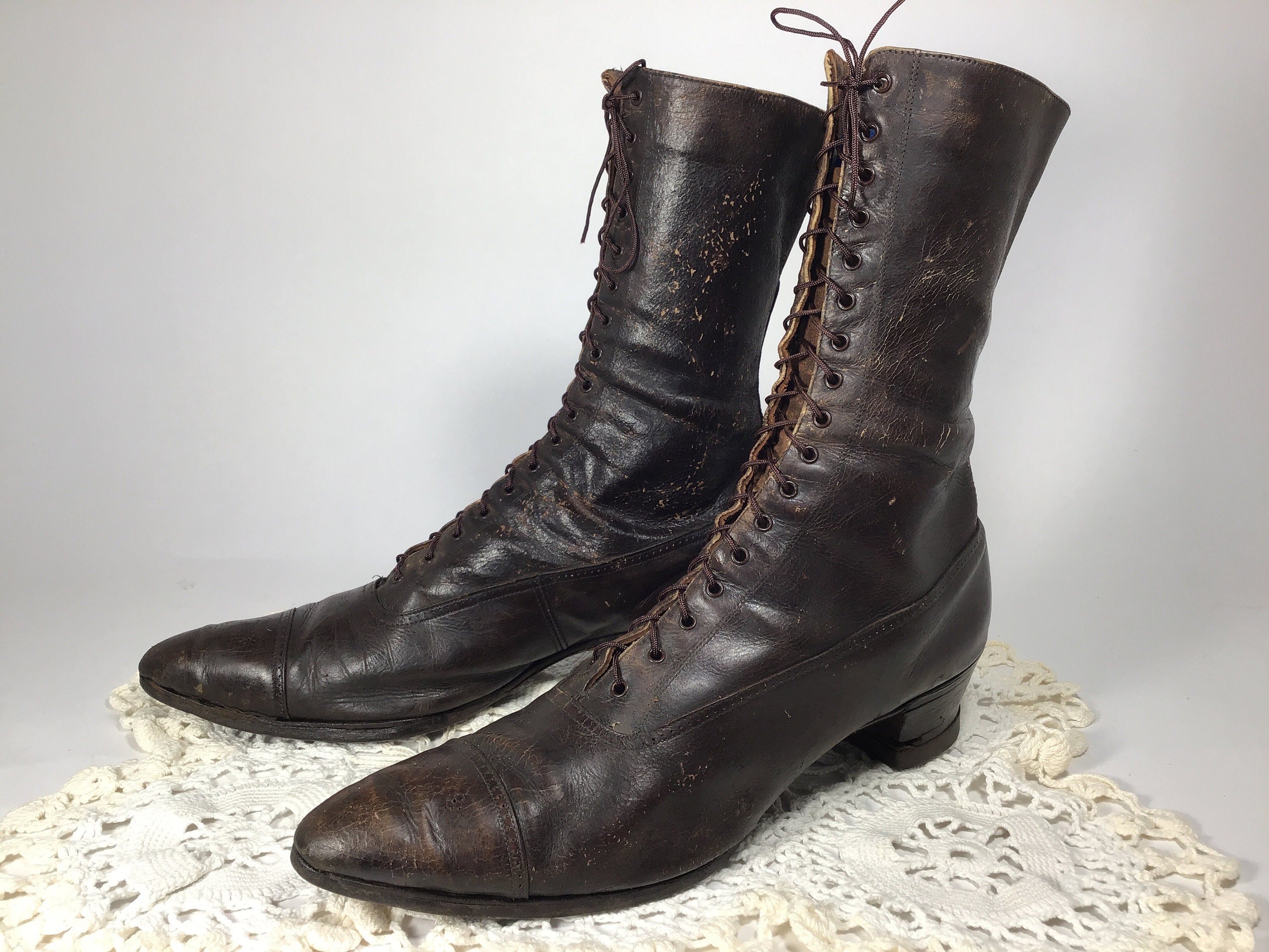 VTG 1890s Victorian womens High Lace Up Leather boots shoes Peters St Louis