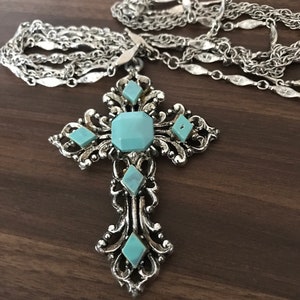 Vintage faux turquoise cross necklace image 1