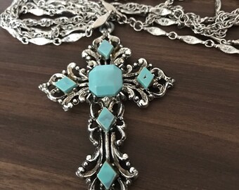 Vintage faux turquoise cross necklace