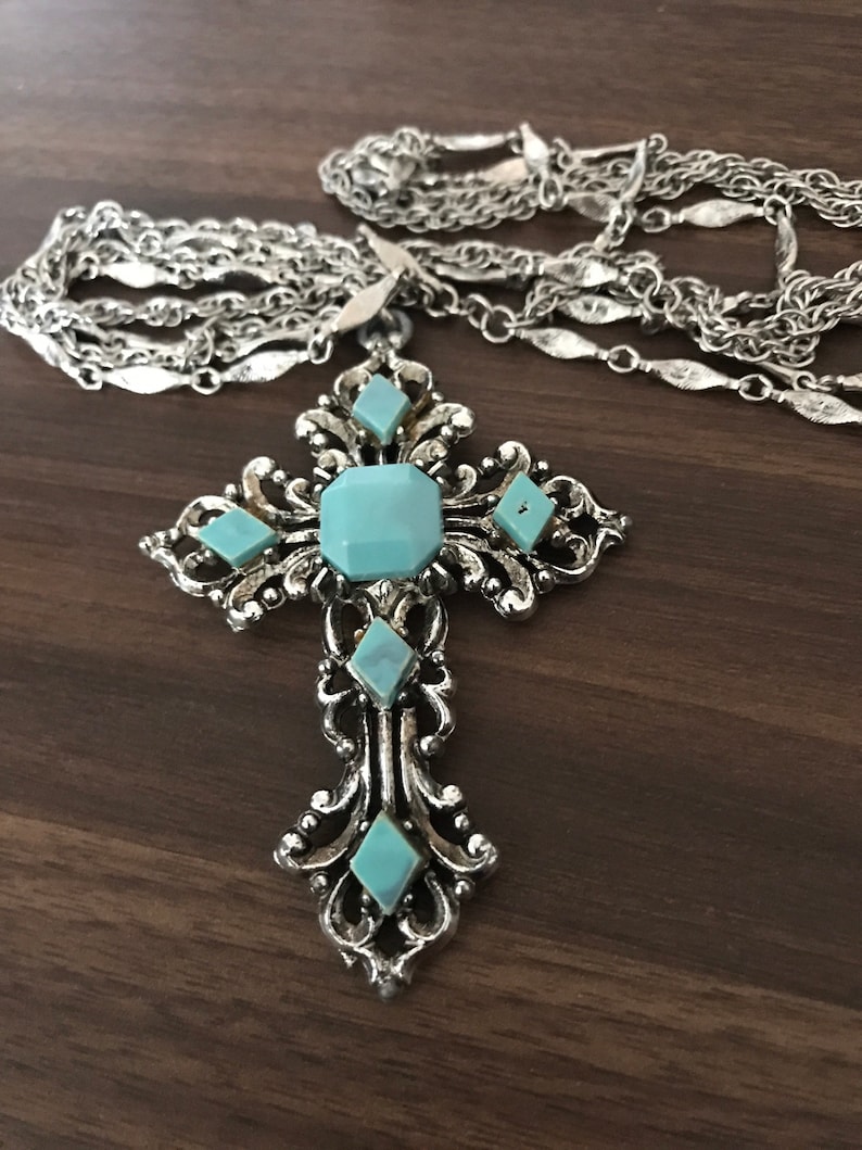 Vintage faux turquoise cross necklace image 1