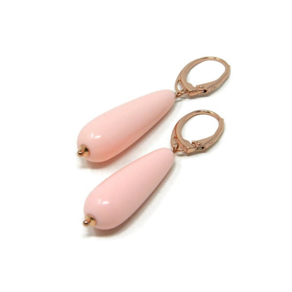 Lever-Back Earrings with Light Pink Coral Paste Smooth Drops, Rose Gold Plated Silver