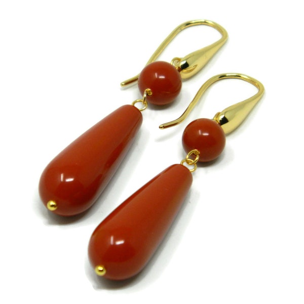 Earrings with Sardinia Red Coral Paste Ball and Long Drop