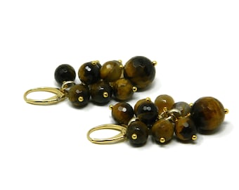 Cluster Earrings with Natural Tiger's Eye Semiprecious Stones