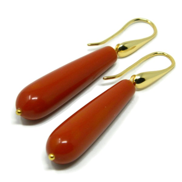 Golden Silver Dangle Earrings with Sardinia Red Coral Paste Long Drops