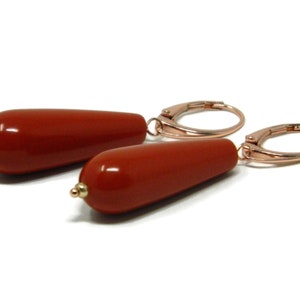Leverback Earrings with Sardinia Red Coral Paste Drops, Rose Gold Plated Silver